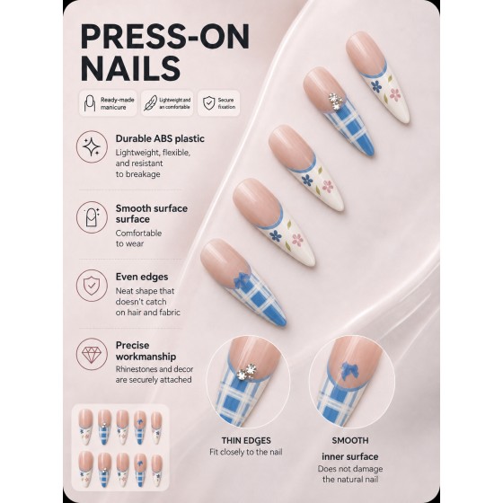 Blue‑Plaid Floral Bow Rhinestone Press‑On Nails, Gentle French Long Stiletto False Nails